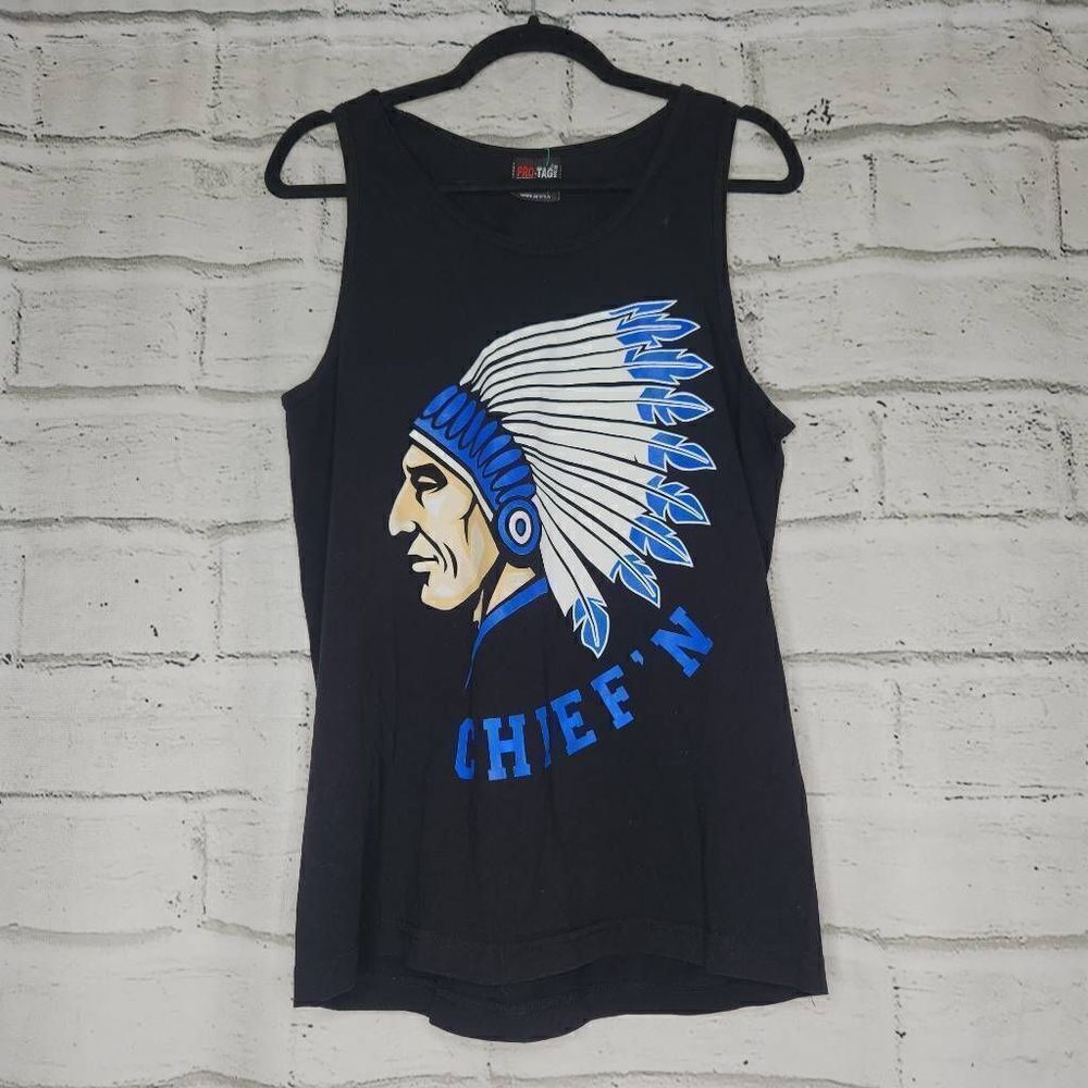 Pro Tag Vintage Sleeveless Cotton Indian Chief Head Graphic Tee Black Medium USA